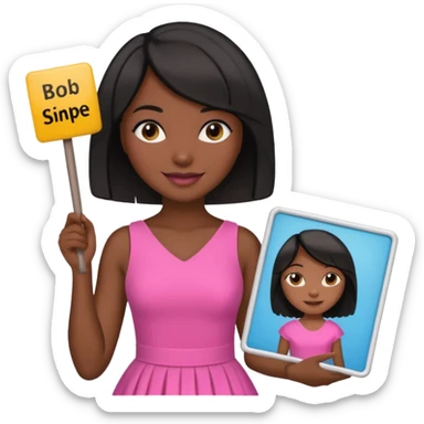 Dark skin woman with black bob in hair holding sign that says snipe  wearing pink dress  sticker