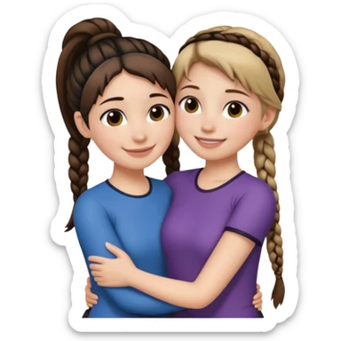 Comforting Hug two white skin women, one shorter woman with medium brown simple top ponytail, not braided, and one taller woman with a single long black side braid sticker