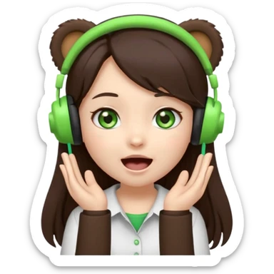 Animated emoji, Chibi girl, long dark brown hair, green eyes, wearing a white shirt and small brown bear ears on a black headset, with wide happy surprised eyes and mouth and clapping excitedly sticker