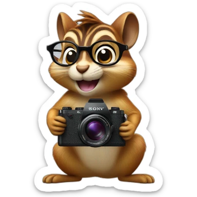 a chipmunk with glasses holds a SONY camera in its paws medium plan sticker
