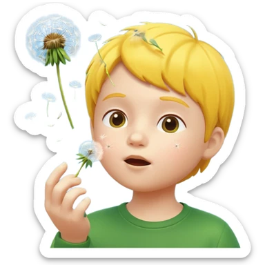 A 3D cartoon child blowing on a dandelion, seeds flying in the air, sunny garden background, realistic Memoji-style. sticker