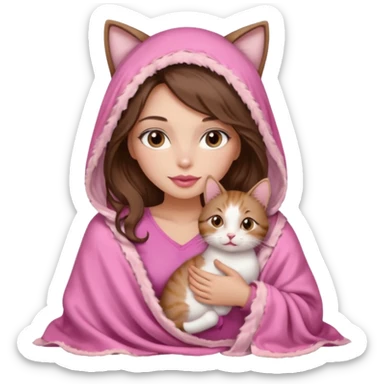 girl with long wavy brown hair, brown eyes, long lashes makeup, sexy pink lips, light to medium complexion, wearing a pink sexy silk top, big blanket over the head cozy holding a cat sticker