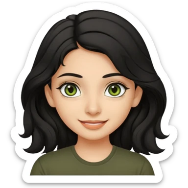 a pretty FAIR indian bratz girl with wavy black hair, wearing a black tshirt. eyeliner on, olive green eyes.  sticker