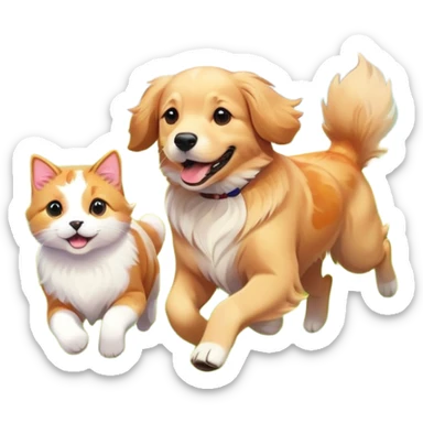 dog and cat running together in a flower meadow sticker