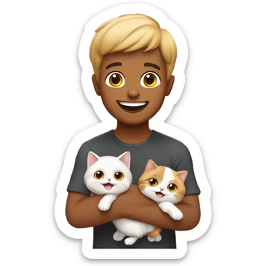 happy boy with two calico persian cats on his hands sticker
