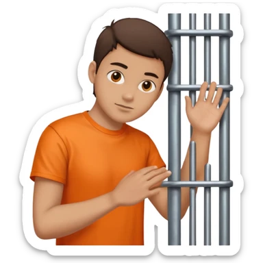 prisoner with orange shirt, many metal bars in front of him and he touches the bars sticker