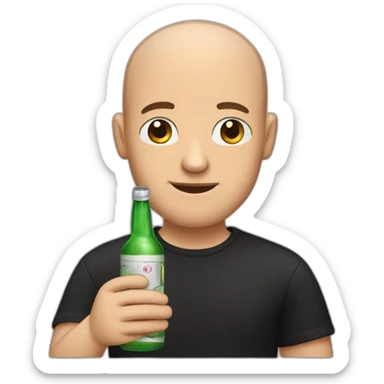 A balding man in a black shirt holds a bottle of alcohol. sticker