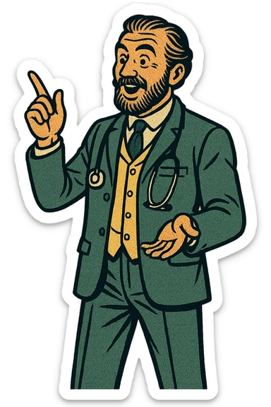 The full body of a doctor from the late 1800s presenting information sticker