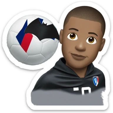 Kylian Mbappe with french soccer jersey ans the mask of Batman on the top of his head sticker