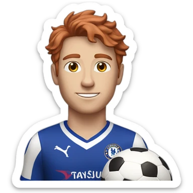 skinny white young man with short and wavy red hair holding a soccer ball and wearing a chelsea FC jersey sticker