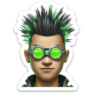 Mohawk hair with neon green highlights Asian male cyborg head with neon silver steampunk goggles and circuits sticker