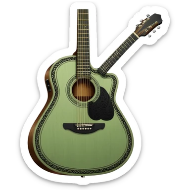 sage green acoustic guitar with black lacy-details sticker