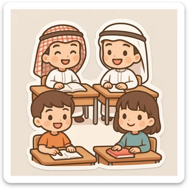 adorable group of chibi kids at their desks, some with keffiyeh and ghutra, others in modern clothes, smiling, classroom setting sticker