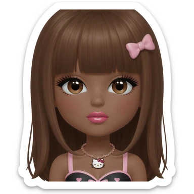 heart shaped lips, cute glossy lips, doll eyes with long lashes, dark brown skin, long brown hair, big chest, hello kitty necklace, one bow clip, bimbocore outfit, sticker