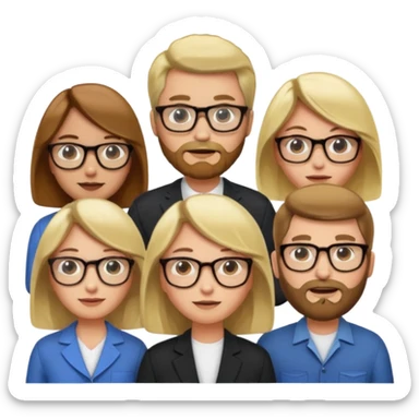 A man with hair and glasses and  a woman with long brown hair and a man with a beard and a woman with a blonde bob sticker