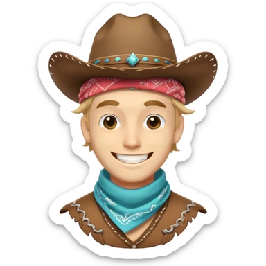 Clash of Clans aesthetic Playful Cowboy Portrait Emoji, Head tilted with a roguish, cheeky grin and twinkling eyes, featuring a compact, charming build with a jaunty hat and a friendly bandana, his natural skin tone adding authenticity, Simplified yet irresistibly charming features, highly detailed, glowing with a warm, inviting western glow, high shine, spirited and lively, stylized with an air of whimsical frontier mischief, soft glowing outline, capturing the essence of a playful cowboy exuding friendly rogue charm! sticker