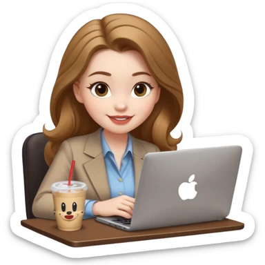 Women in front of one laptop that has a Mickey sticker on it, with a happy face, face a little fuller, lips plump, full eyebrows, long light brown hair, light brown big eyes, light pale skin with a iced coffee on the side, business attire, typing sticker