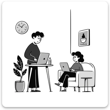 escenary 3d of a cozy mid-century living room with two people working on laptops, one man standing at a desk and one woman sitting on a couch, two walls and floor visible sticker