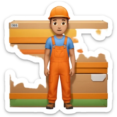 man orange overalls carrying a large box in front of him sticker