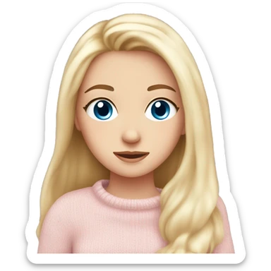 Pretty blue eyed white girl with light pink sweater reading cozy sticker