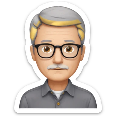 man 60 short dark grey hair, brown eyes small black rectangle glasses no beard sticker