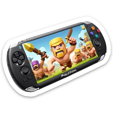 Clash of Clans aesthetic: Cinematic Playful PlayStation Portable (PSP) Portrait Emoji, rendered in a 3D vector-style similar to standard emojis with minimal shading and bold, simplified shapes. A compact, distinct form with signature details, softly glowing with a cutting-edge console technology charm. Simplified yet unmistakably iconic, highly detailed and consistent, glowing with a soft radiance and high shine. Stylized with a touch of technological advancement and a soft glowing outline, capturing the essence of a beloved gaming relic with a friendly, playful manner! sticker
