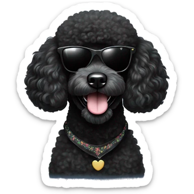 BLACK poodle wearing sunglasses with a big smile. Also with a bandanna around its neck. Dog needs to be all black sticker