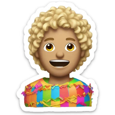 Man with blonde curly hair hitting a piñata sticker