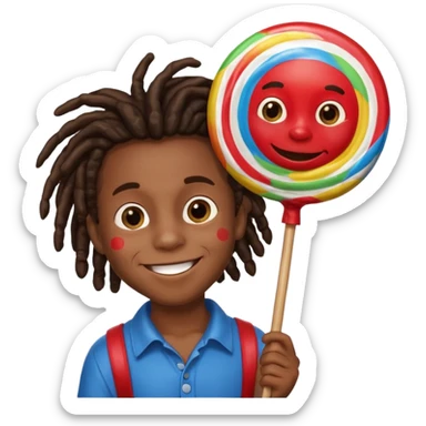 A small black dread lock hair boy holding a giant lollipop, smiling with sticky cheeks. sticker