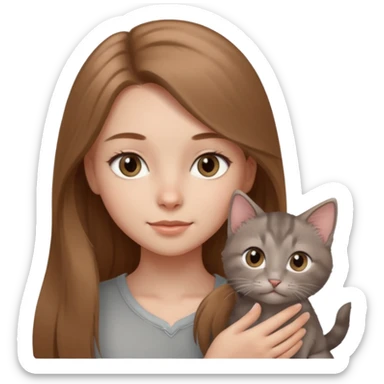 a light brown long hair with grey eyes girl and grey kitten sticker