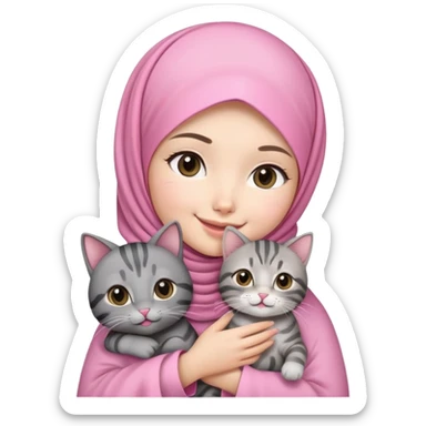 Asian white girl wearing pretty pink hijab holding a black grey tabby cat with smiling sticker