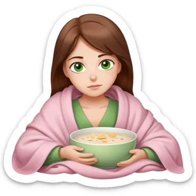 woman with very long brown hair and green eyes in a light pink blanket sleepy with porridge sticker
