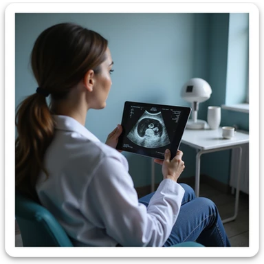 woman sitting with a doctor showing pelvic ultrasound results, serious expression, clinical environment, hyperrealistic 4K details sticker