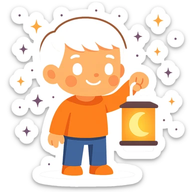Create an image of a little boy holding a lantern with a moon design. The style should be cute and vibrant cartoon, matching the reference image's style. The background is a purple night sky. The lantern should glow softly. No text included. sticker
