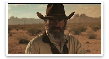 Cinematic , documentary photography, top angle medium shot, cowboy look eye brave, hard light golden hour, desert arizona, shot on IMAX Camera, 80s movie sticker