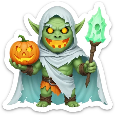male orc warrior ghost emoji, green skin, tusks, wearing torn white ghost sheet costume, holding glowing jack-o'-lantern, faint blue aura, friendly but spooky expression, Halloween fantasy theme, Apple emoji style, clean white background, square sticker