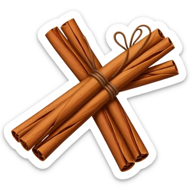 A simple, minimalist flat vector icon of two cinnamon sticks tied with a small string. Clean lines, soft brown tones, white background, high contrast, center framing. No shadows, no text, professional graphic design style. sticker