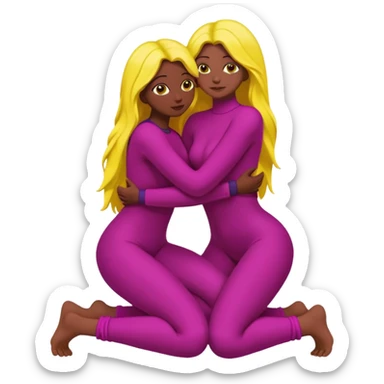 One figure is dark magenta and is kneeling.
	•	The other figure is yellow with long hair and is being held, with their arms around the magenta figure’s neck.
	•	The yellow figure’s legs wrap around the magenta figure’s waist, suggesting a close, intimate embrace. sticker