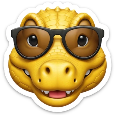 Cocodrilo feliz con boca cerrada mirando de frente que tengan lentes negros y sea color amarillo con fondo blanco sticker