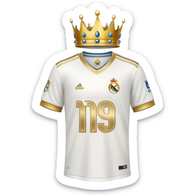Real Madrid inspired white football jersey with gold accents and a crown sticker