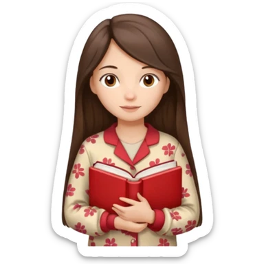 Миловидная девушка брюнетка с длинными  волосами, карими глазами в пижаме с книгой. Картинка должна были в цветах: бежевый, бледно красный и коричневый, белый sticker