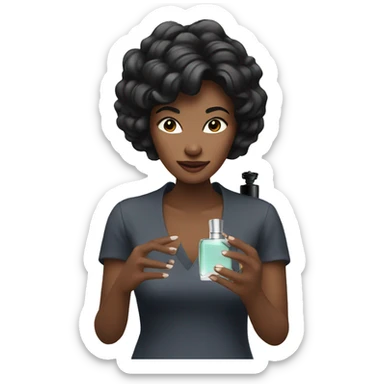 Women with black hair spraying perfume sticker