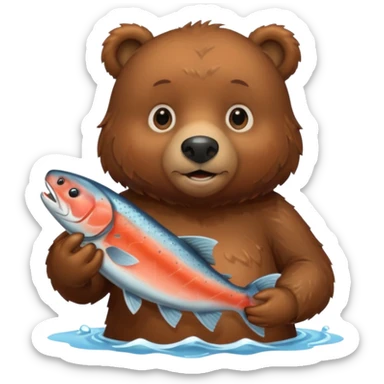 A brown bear holding a salmon sticker