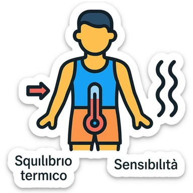 infografica in italiano, atleta con simbolo di termometro nella zona pelvica, frecce che indicano Squilibrio termico e Sensibilità, colori vivaci, stile educativo, sfondo bianco sticker