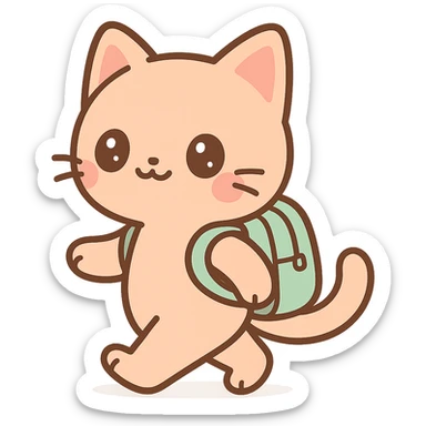 anime style cat with a backpack, walking and smiling sticker