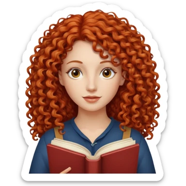 long red and curly haired  women with book with optical  sticker