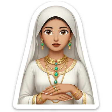 The Palestinian woman, wears a white traditional dress. Her accessories steal the spotlight—intricately designed gold bangles, statement rings, and layered necklaces—each piece exuding heritage and craftsmanship.  sticker