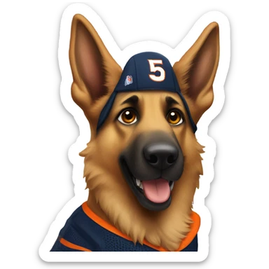 German Shepard with broncos jersey Number 15 on shoulder sticker