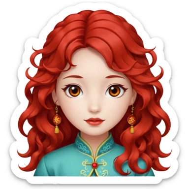 Beautiful girl, red hair,wavy hair，long hair,Black eyes,Chinese con lente sticker