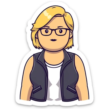 Plus size blonde person with glasses wearing a stylish vest sticker